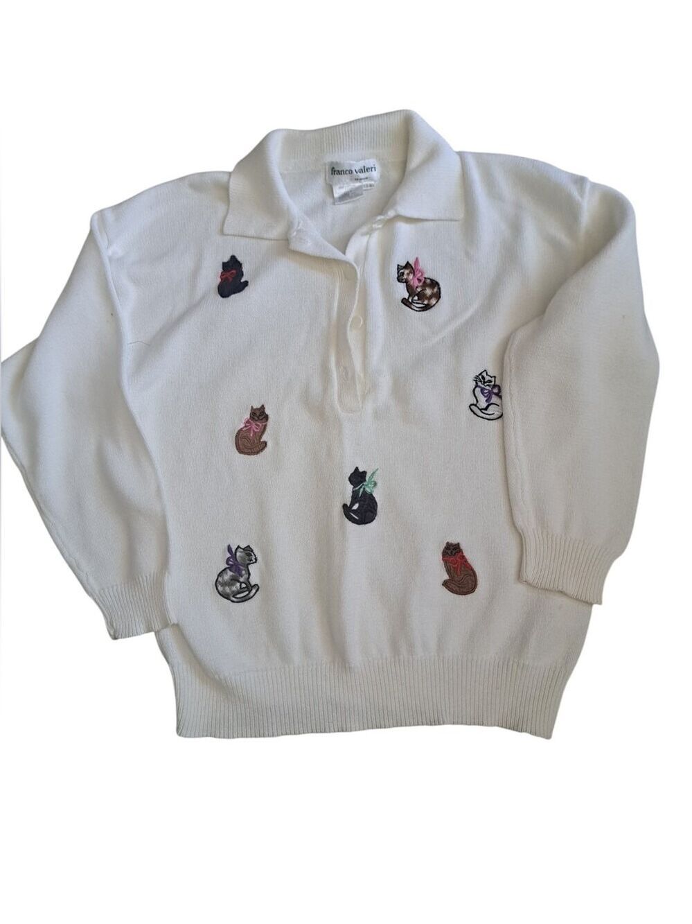 VTG Franco Valeri Cream Knit Sweater with Embroidered Cats long sleeve cotton LG